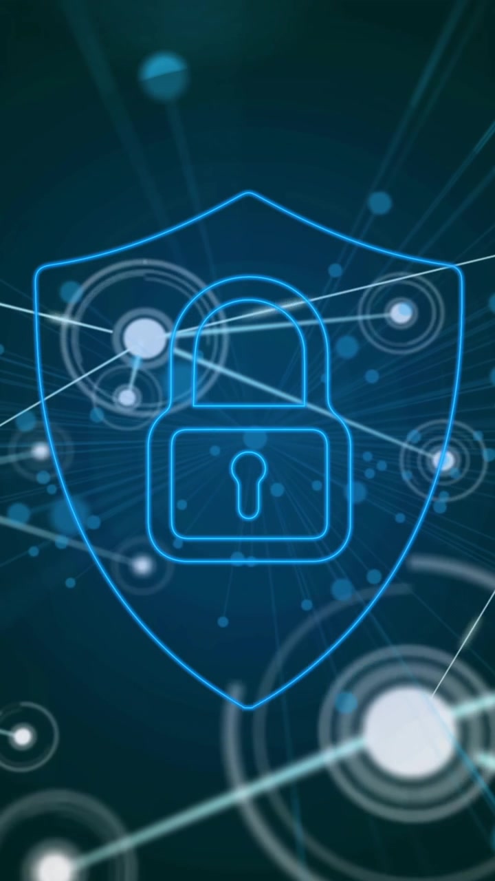 Lock and shield icon with network connections, cybersecurity animation