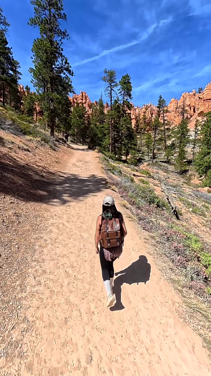 Donna in escursione su un sentiero sterrato panoramico in un Parco Nazionale