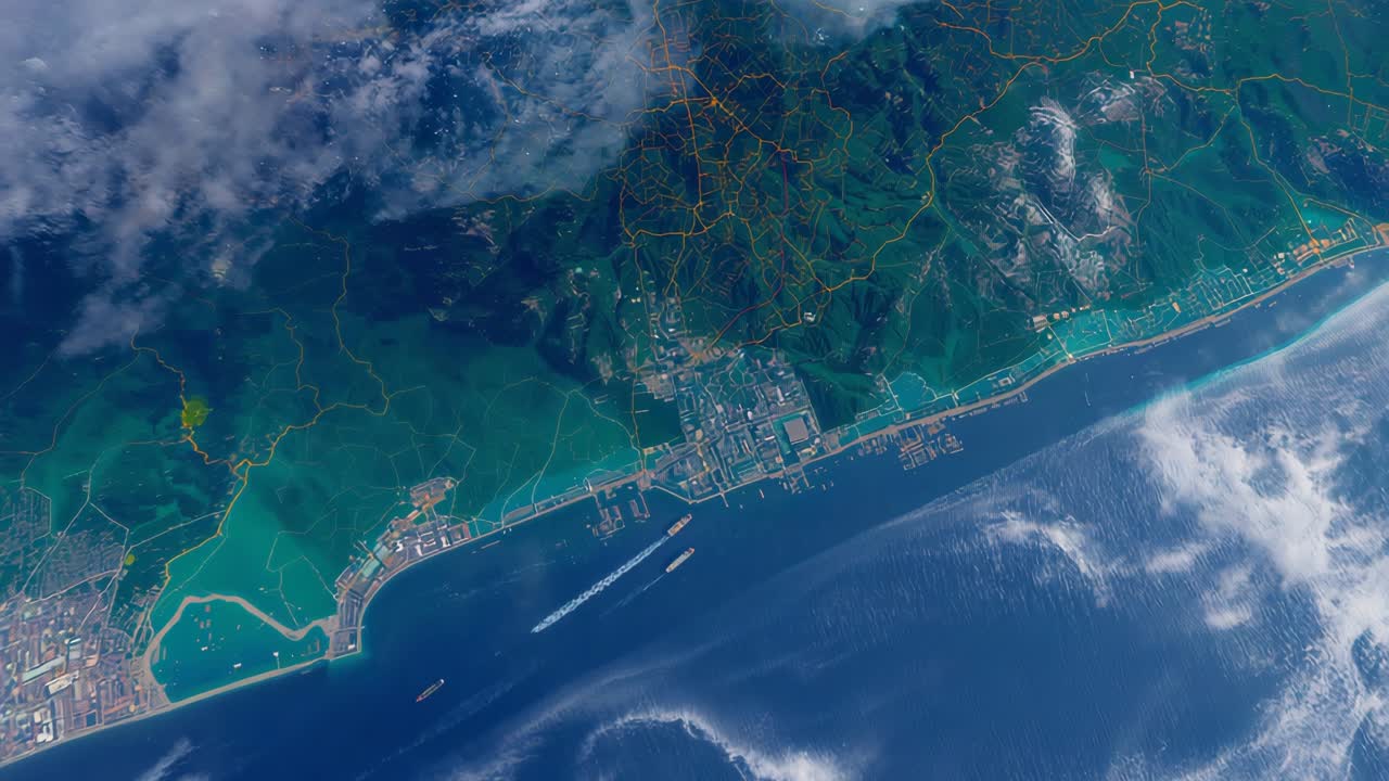 Satellite View of a Coastal City at Night