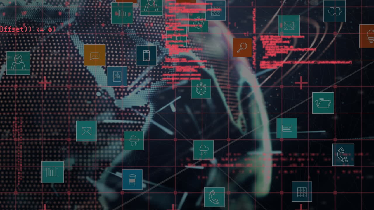 procesamiento de datos y iconos digitales múltiples contra rastros de luz sobre el globo giratorio