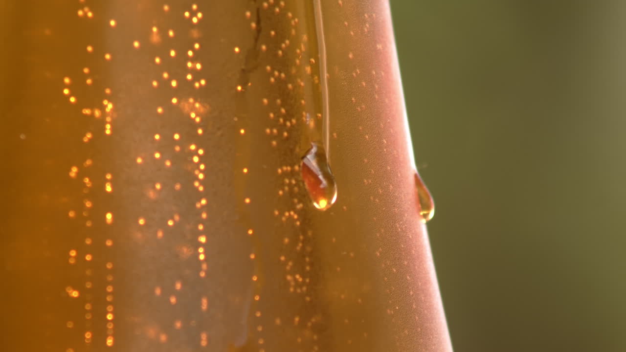 Drops slide down glass of golden beer as bubbles rise inside, macro