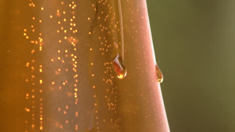 drops slide down glass of golden beer as bubbles rise inside, macro
