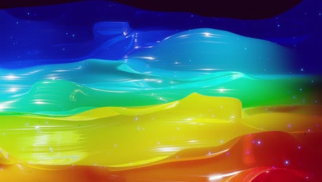 abstract 3d surface with beautiful waves, luminous sparkles and bright color gradient, colors of rainbow. waves run on very shiny, glossy surface with glow glitter. 4k looped animation