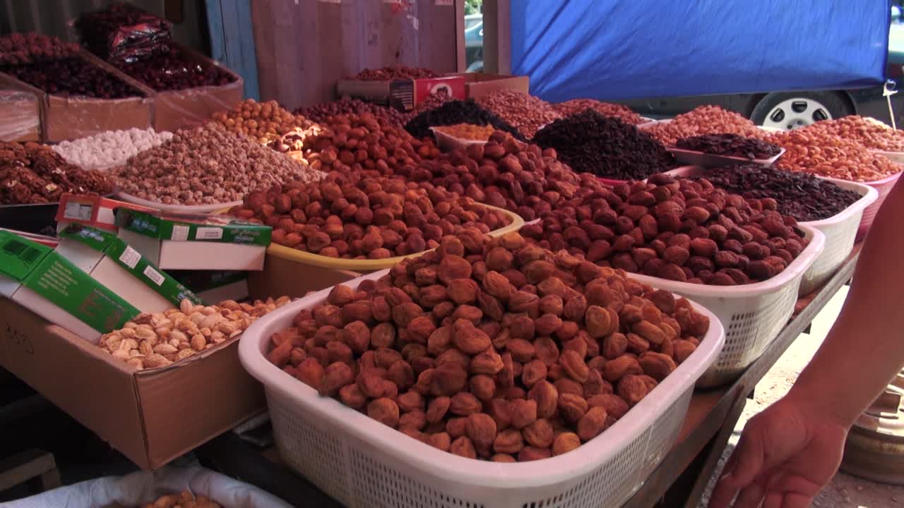Central Asian Market With Bags Full of Various Spices in Osh Bazar in Bishkek Kyrgyzstan