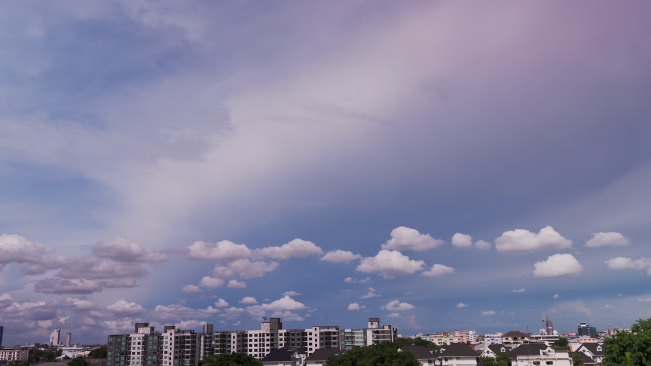 A panoramic timelapse of the skyline of Bangkok with a clear sky and scattered clouds