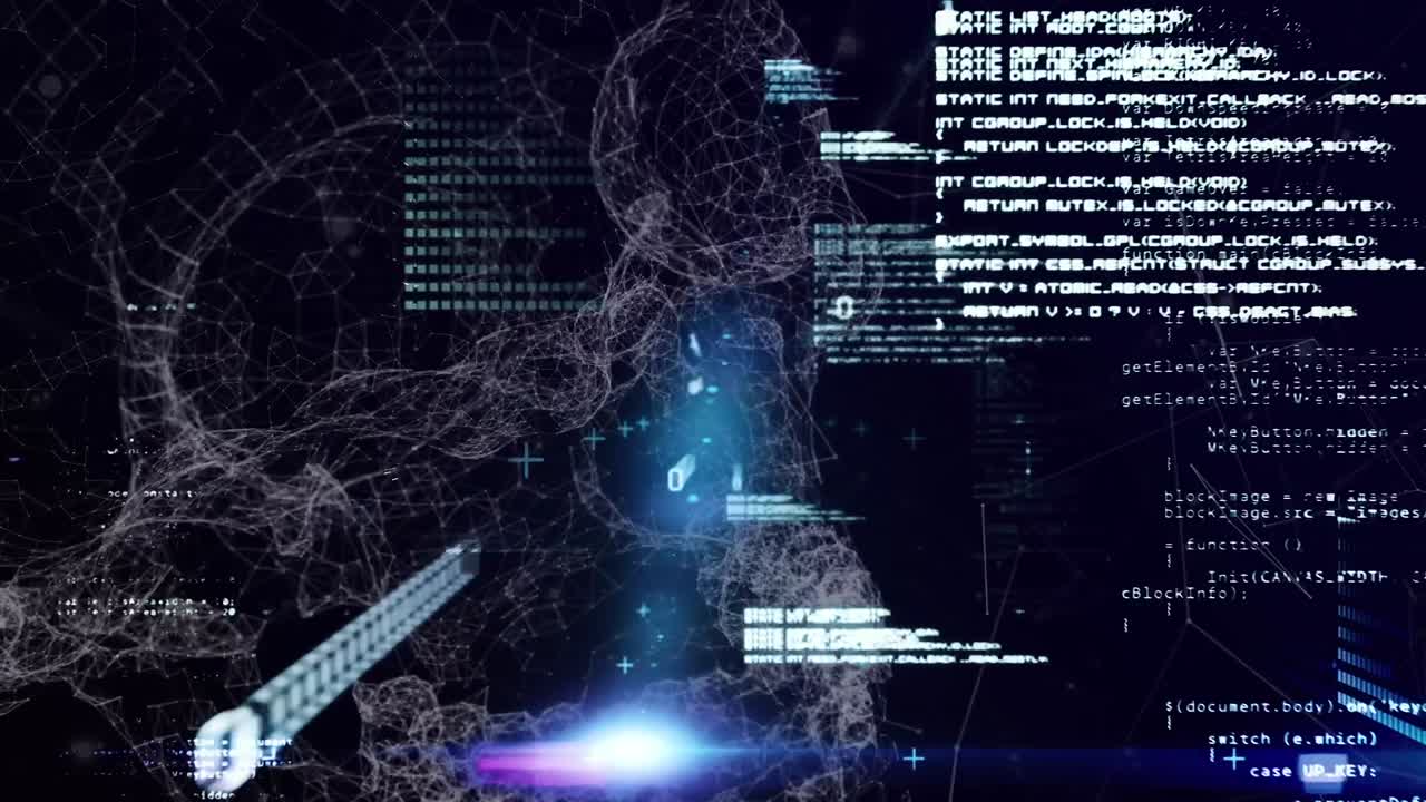 Animation of data processing and light spots over network of connections against black background