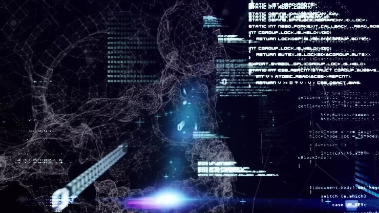 Animation of data processing and light spots over network of connections against black background