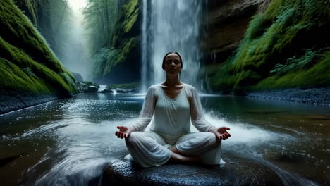 woman meditating by a waterfall