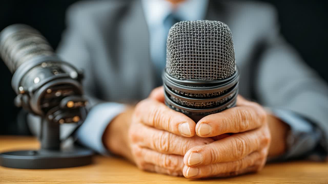 A Close-Up of a Speaker Holding a Microphone, Ready to Deliver a Message from Behind a Professional Setting, Highlighting Focus and Communication Skills