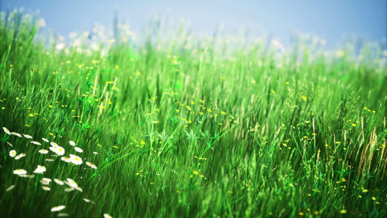 Vibrant green grass swaying gently under a clear blue sky in summer