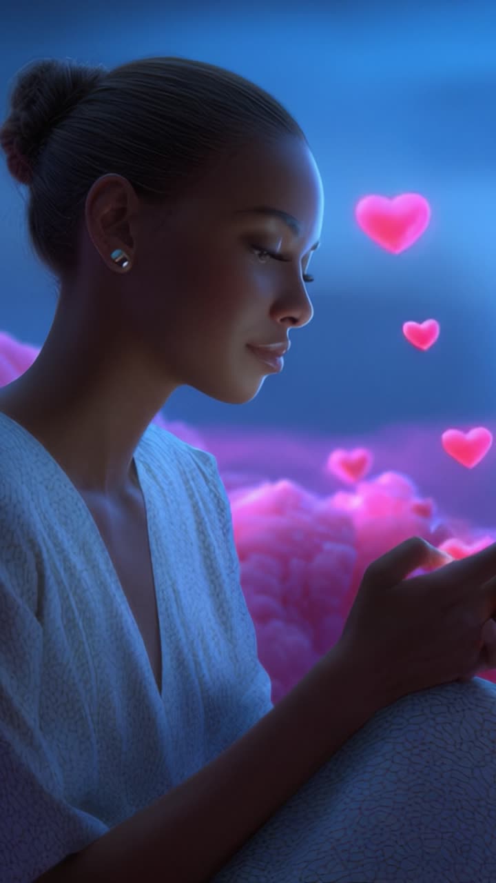 Un momento sereno catturato in un'atmosfera onirica, con una figura contemplativa circondata da stravaganti elementi a forma di cuore contro un cielo vibrante.