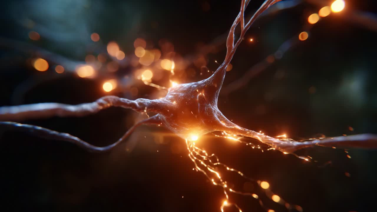 Magnified View of Neurons Firing with Bright Light and Energy, Showcasing Complex Connections and Communication in the Nervous System