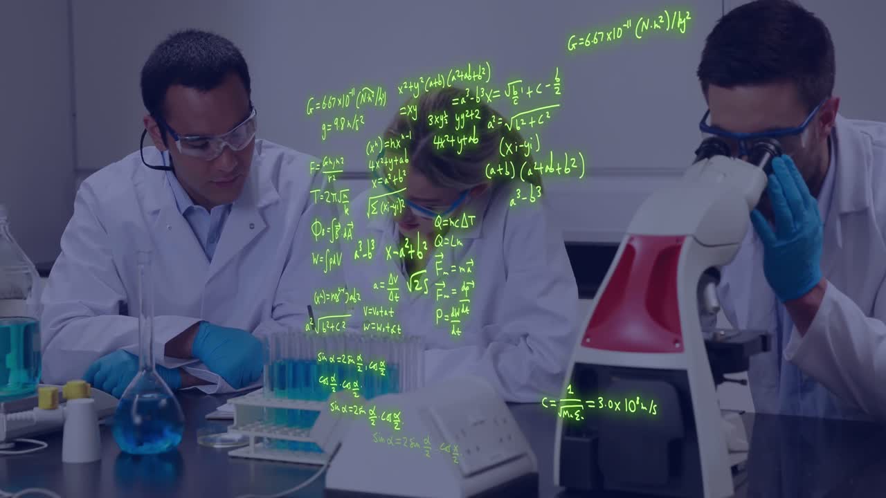 animación del procesamiento de datos científicos sobre científicos caucásicos en el laboratorio