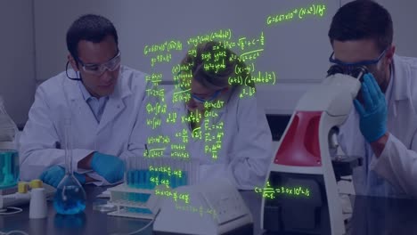 Animation-of-scientific-data-processing-over-caucasian-scientists-in-laboratory