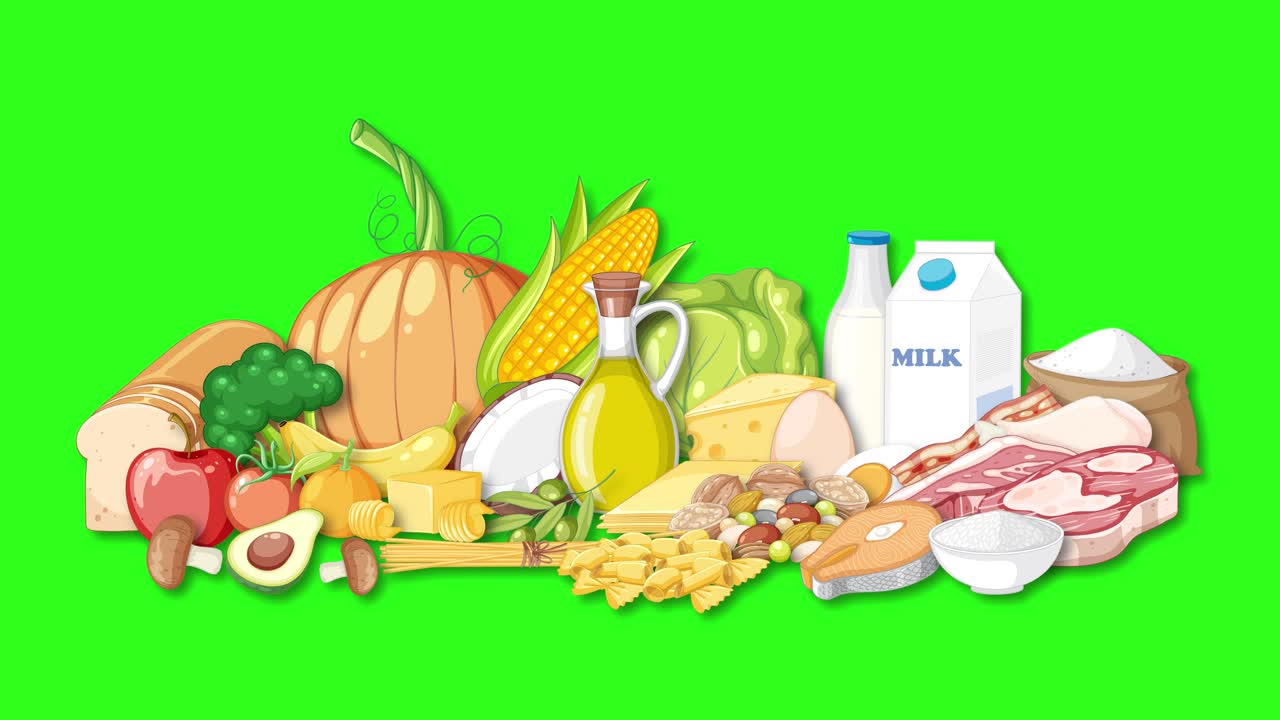 Various illustrated food groups smoothly appear and arrange together on a bright green screen backdrop