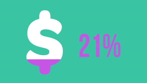 dollar symbol and increasing percentage in pink on green background 4k