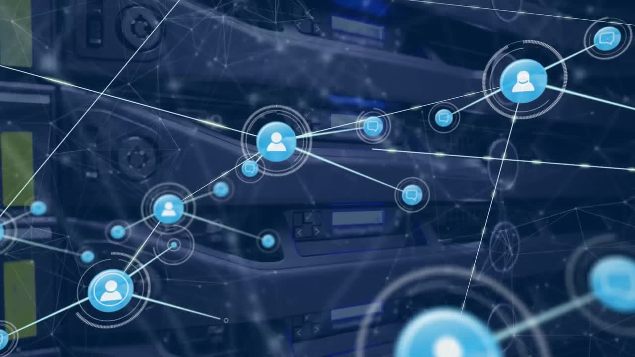Animation of network of digital icons against close up of a computer server