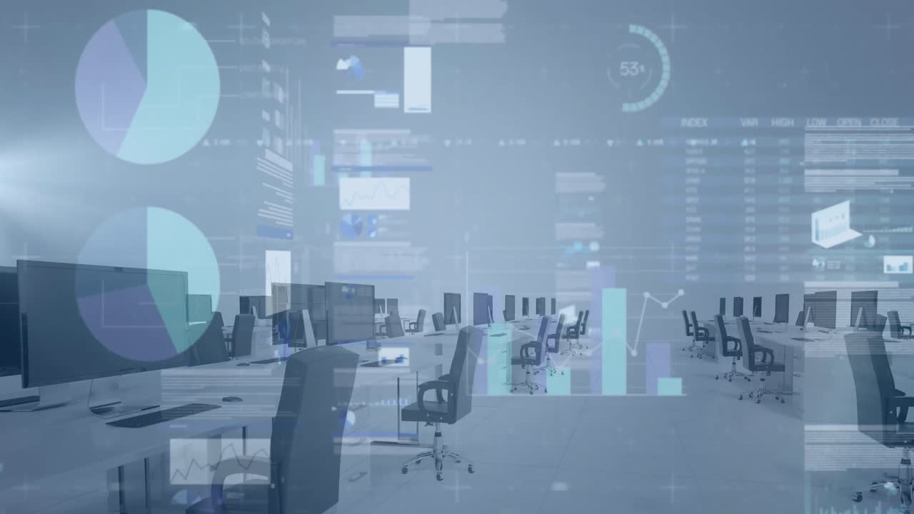 빈 사무실에 대한 데이터 처리와 함께 여러 화면의 애니메이션