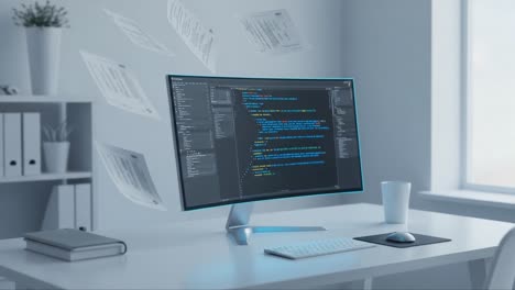 a modern home office workspace featuring a high-resolution monitor displaying colorful code, surrounded by floating digital documents and a minimalistic desk setup