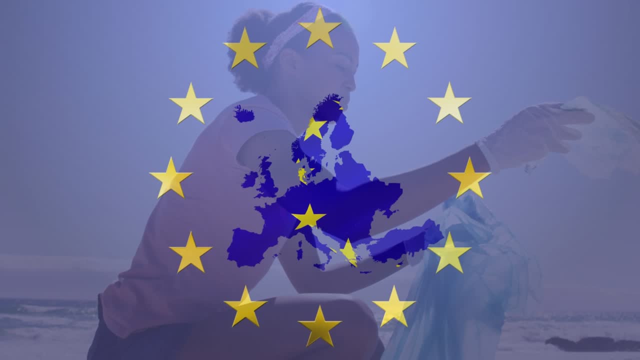 Animazione della bandiera dell'UE su un volontario che pulisce una spiaggia.