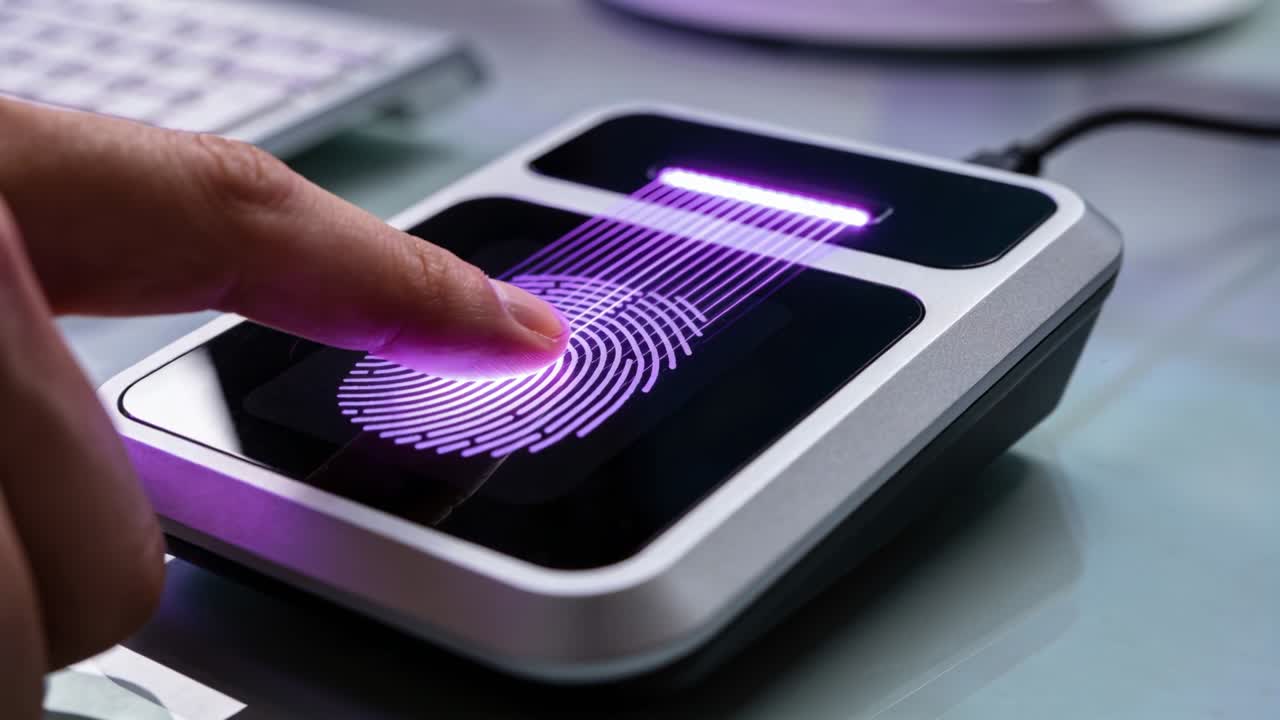 User pressing fingertip on biometric scanner, purple scan lines rising to LED, verifying security