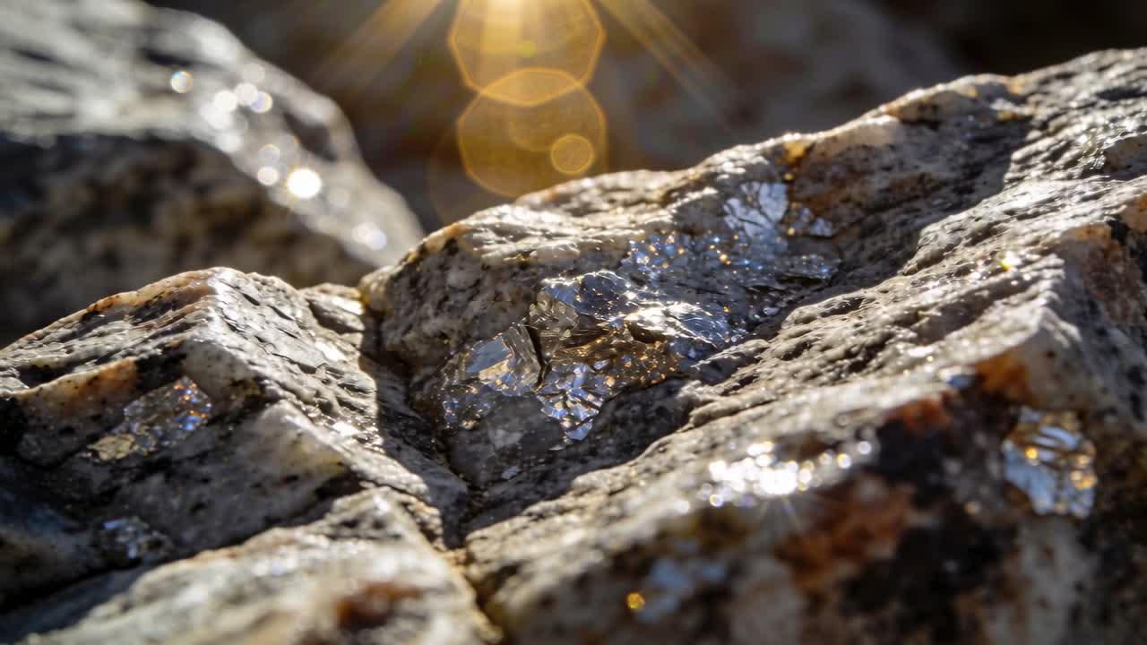 Telecamera in movimento che si sposta su pareti rocciose illuminate dal sole, rivelando mutevoli scintillii minerali e il bokeh del sole