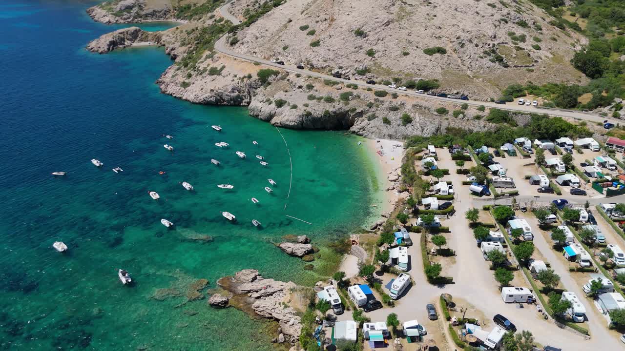 Campsite at Campig Skrila, Krk Island, Stara Baska Croatia, Aerial View of the Mountains and Coast With Boats, Beaches and Adriatic Sea. The Seaside Rv Campmobiles on a Summer Beautiful Coastline