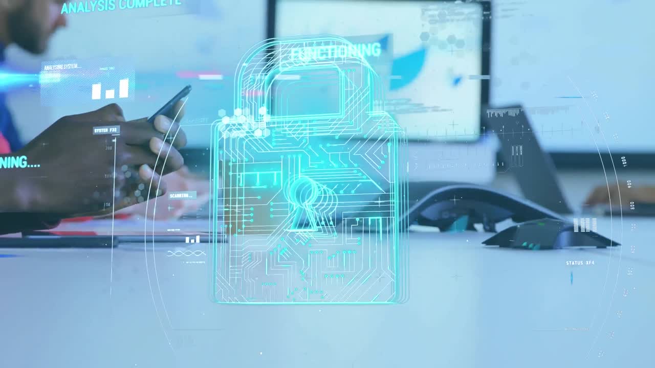 animación del procesamiento de datos financieros sobre personas de negocios caminando en la oficina