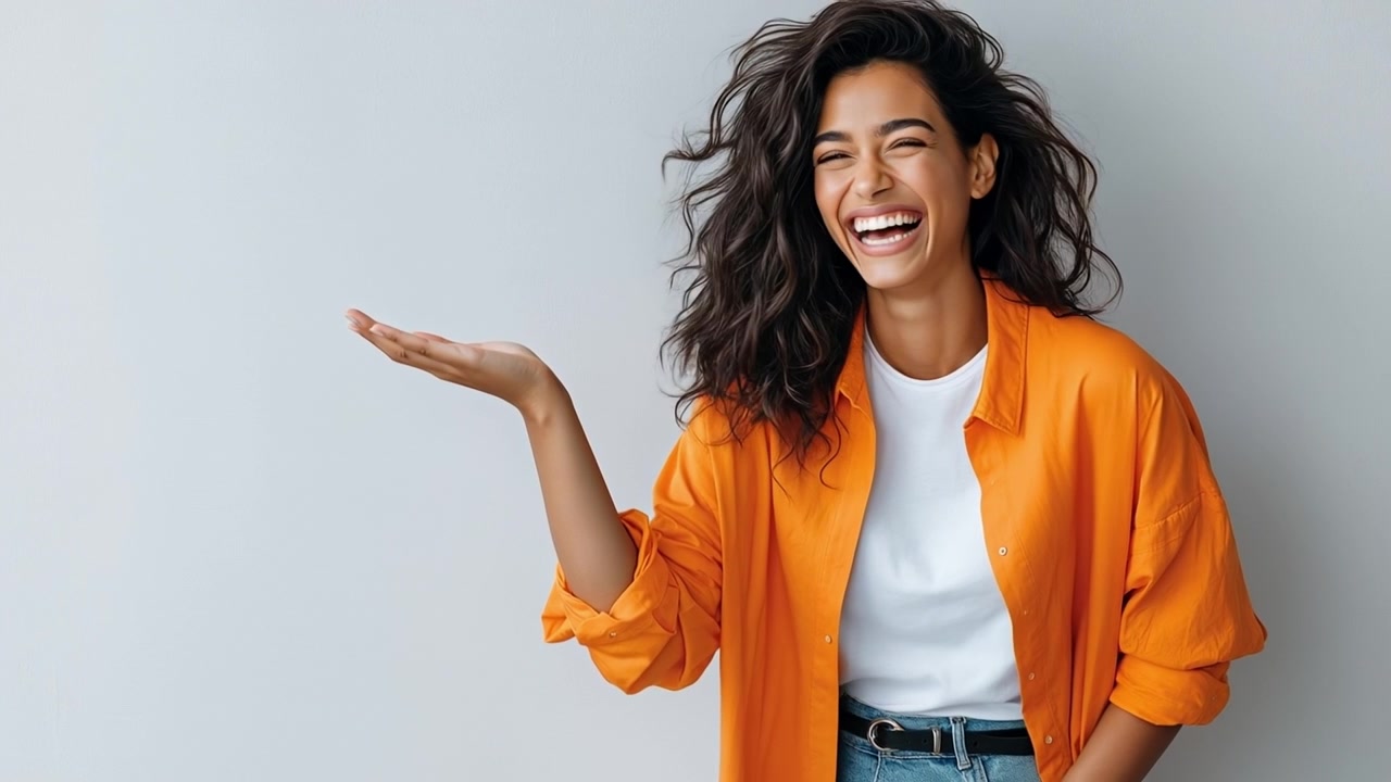 Happy young woman presenting copy space with her hand while laughing