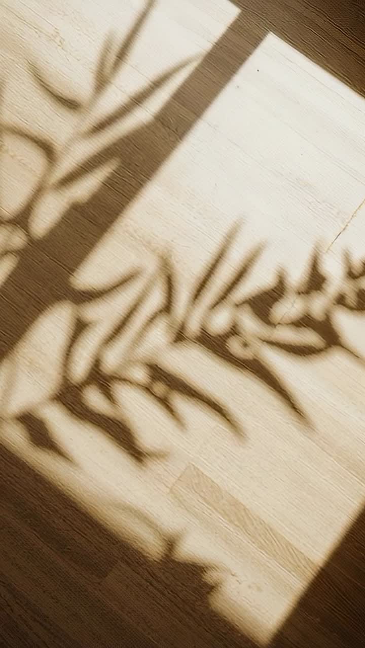 Shifting plant shadow moving across light wood floor through window frame, showing sunlit rectangle