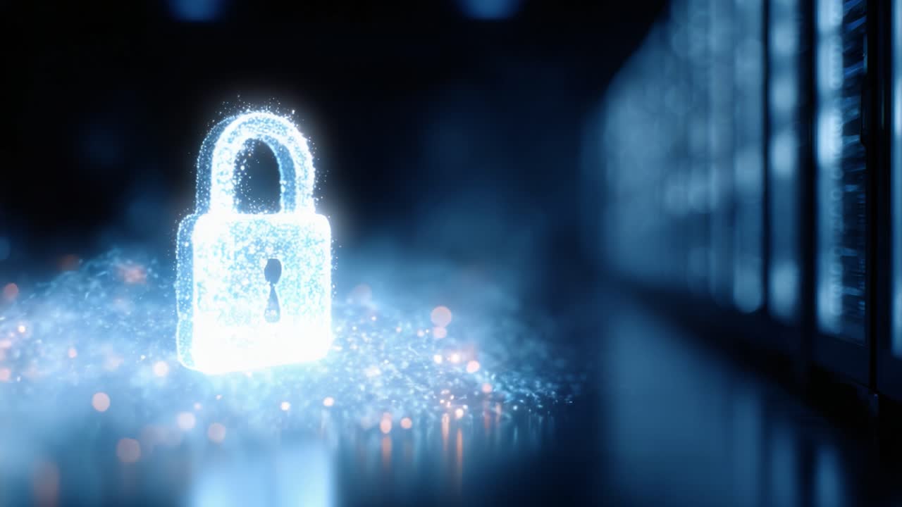 A glowing digital lock symbolizes cybersecurity in a futuristic data center, representing protection against unauthorized access to information and secure data storage