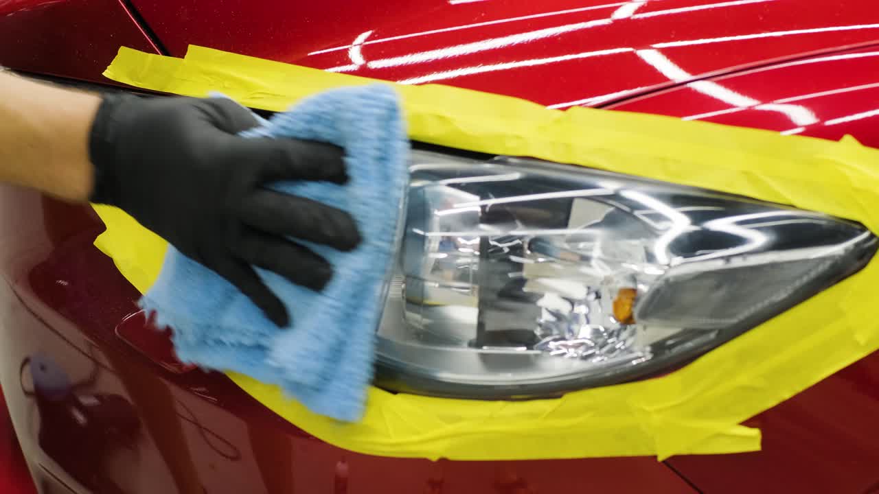pulido de faros, procesamiento de luces de automóviles. un trabajador de servicio de automóviles pulida el faros de un automóvil de pasajeros. pulido profesional.