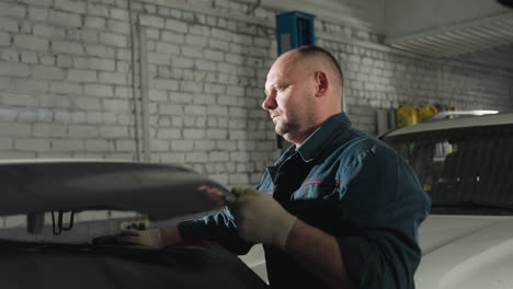 mechanic in blue uniform skillfully uses a wedge to hold open the hood of a black car in a well-lit mechanical workshop, focusing on precision and safety