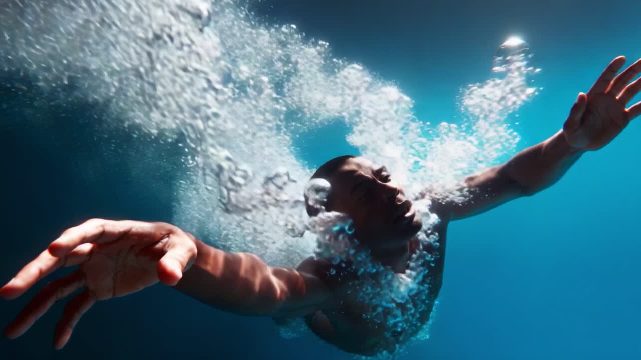Underwater Journey: Captivating Moments of a Swimmer's Graceful Ascent and the Powerful Fluid Dynamics of Water During a Competitive Swim Scene