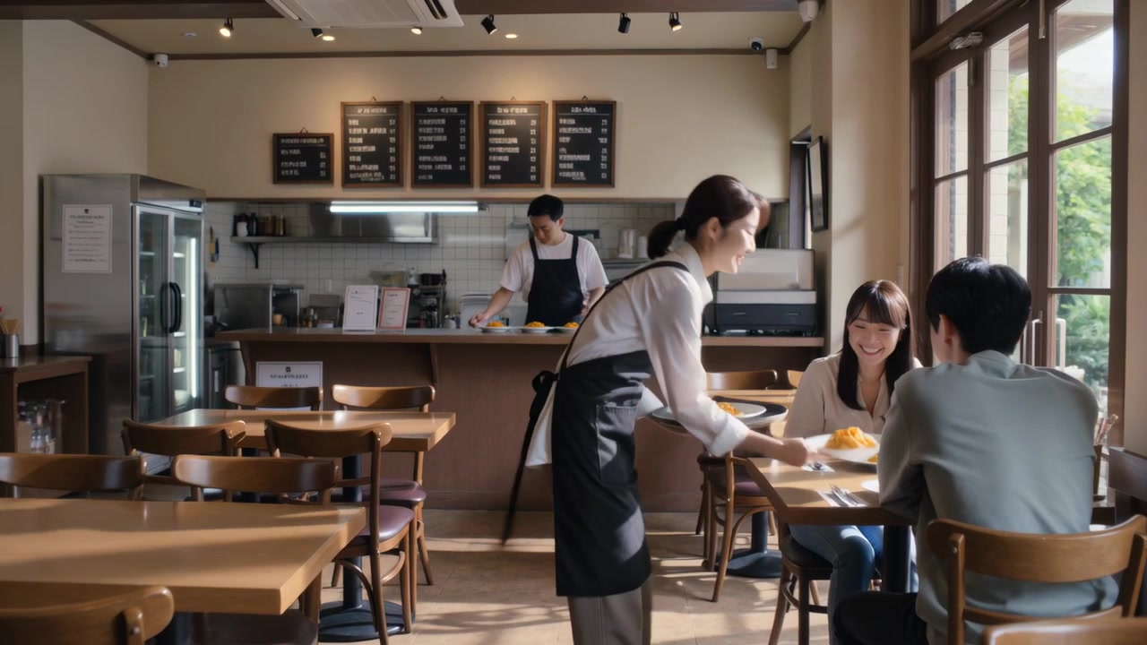 Un cameriere con un vassoio, che indossa un grembiule scuro, si dirige verso un tavolo alla finestra in un caffè dopo l'impiattamento dell'ordine da parte del cuoco.