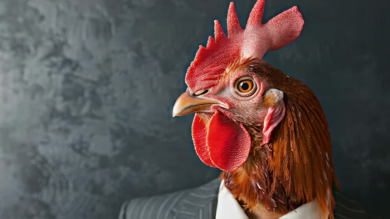Professional rooster wearing business attire, standing confidently in tailored suit and tie against neutral gray background, head slightly turning