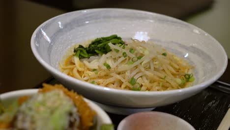 Primer-Plano-De-Tonkatsu,-Una-Chuleta-De-Cerdo-Frita-Japonesa,-Encima-De-Repollo-Con-Una-Guarnición-De-Fideos-De-Brotes-De-Soja-Servidos-En-Un-Sento-Japonés-U-Onsen,-Fuente-Termal