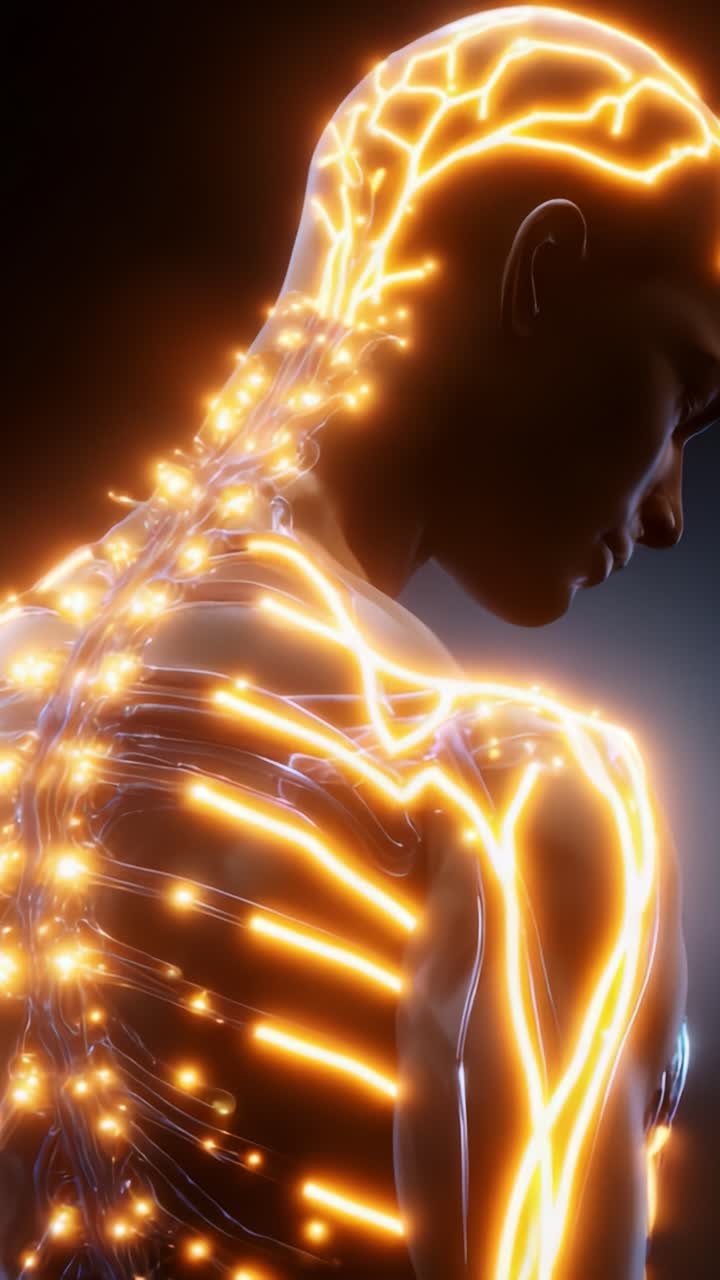 An Artistic Representation of a Human Figure with Illuminated Nervous System Highlighting Connections and Pathways in a Fascinating Visual Display