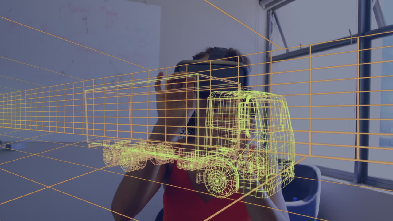 vr 헤드 ⁇ 을 사용하여 여성 위에 차를 그리는 디지털 3d 그림의 애니메이션