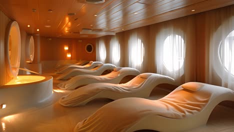 luxurious spa relaxation room with lounge chairs and warm lighting