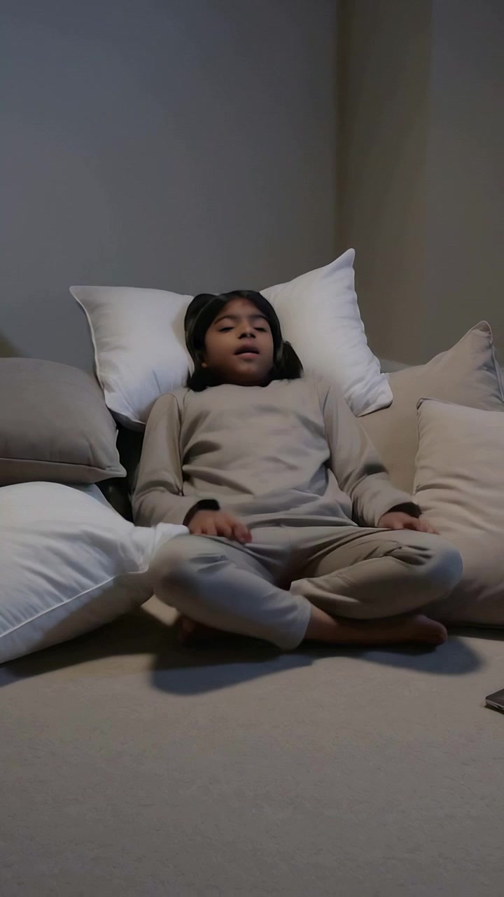 Vertical video: Shifting white pillow, child arranging cushions on bed for resting in beige pajamas