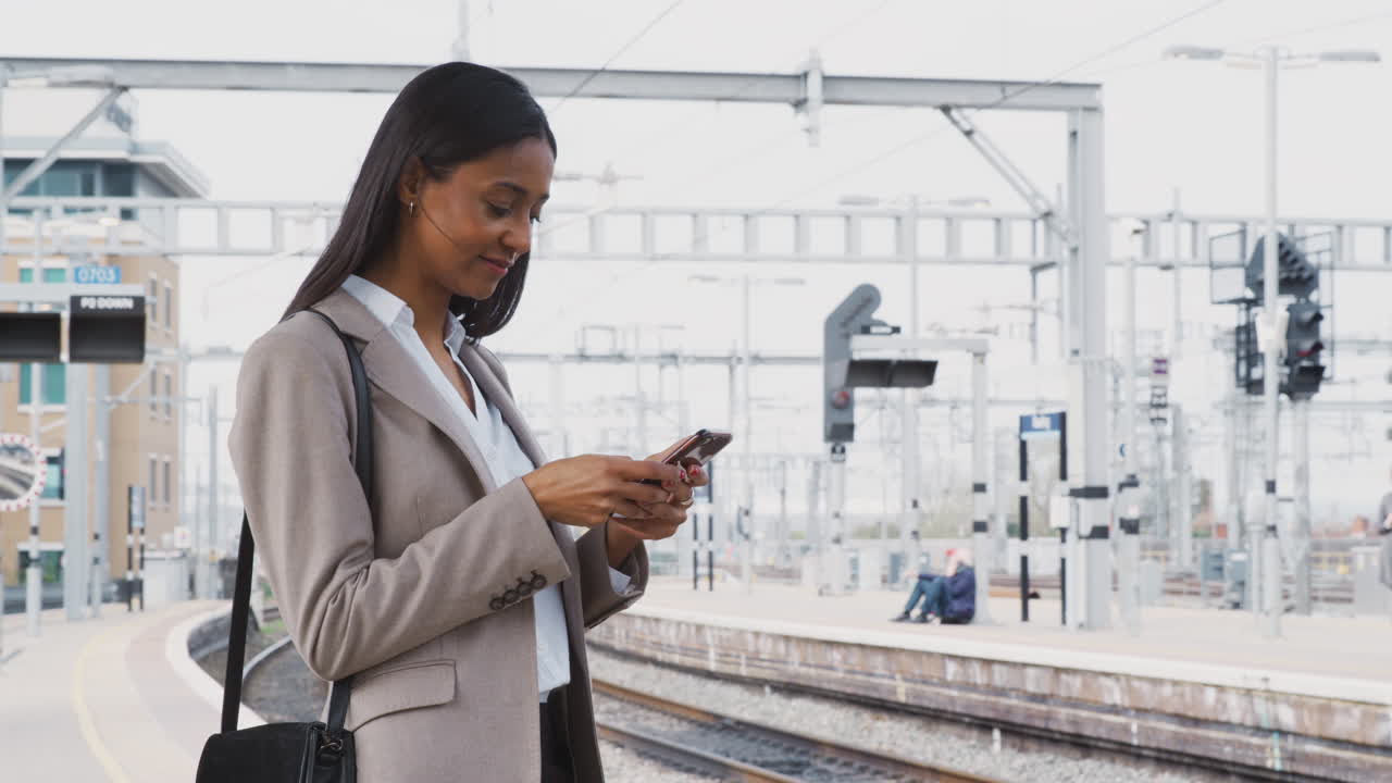 Businesswoman Commuting To Work Standing On Train Platform Using Mobile Phone