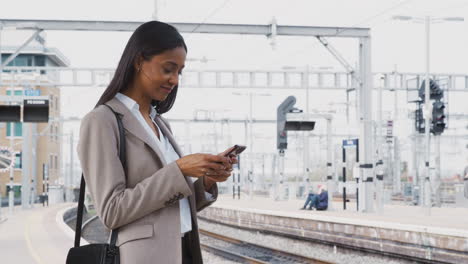 businesswoman commuting to work standing on train platform using mobile phone