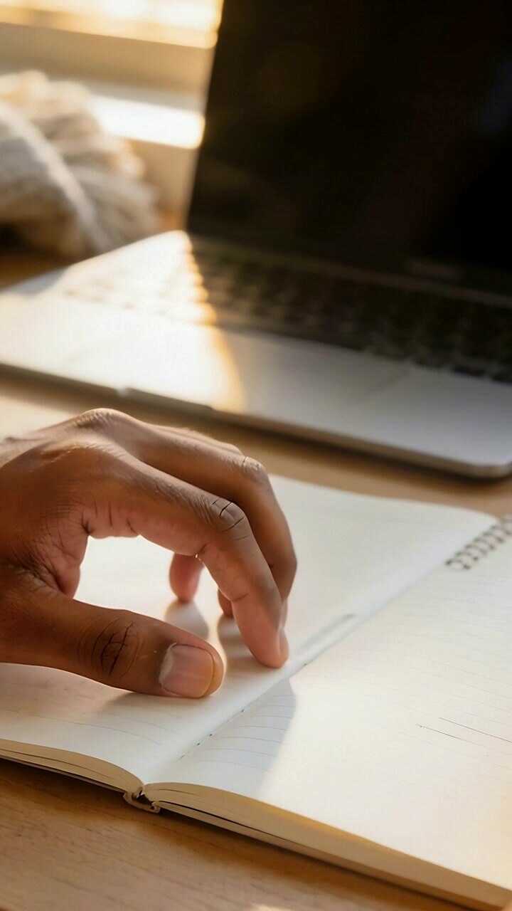 Vertical video: Touching right hand watch on notebook turning page moving to laptop at desk to work