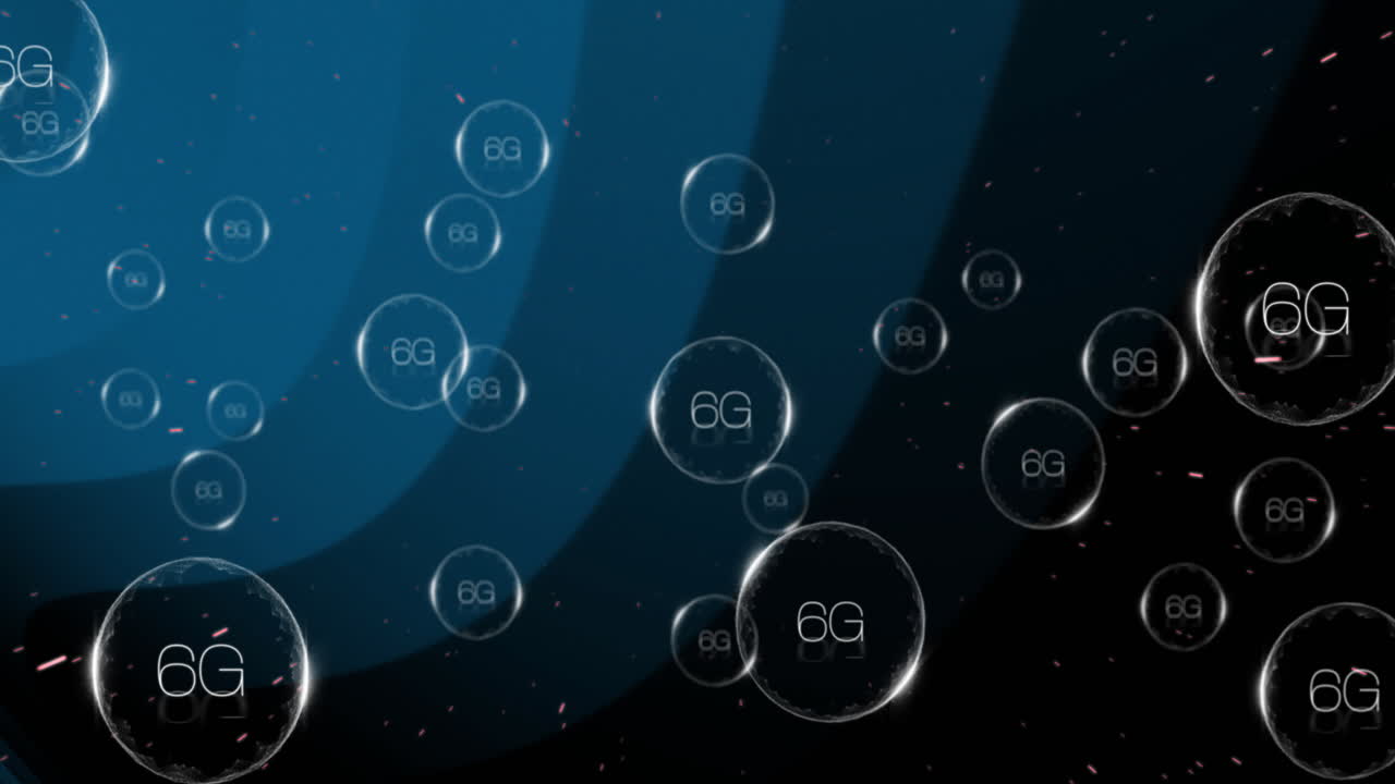 Animation of 6g text and data processing over blue circles