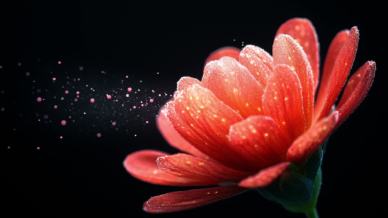 Red flower with dew. A stunning red flower displays intricate petals covered in dew droplets, radiating beauty against a dark background.