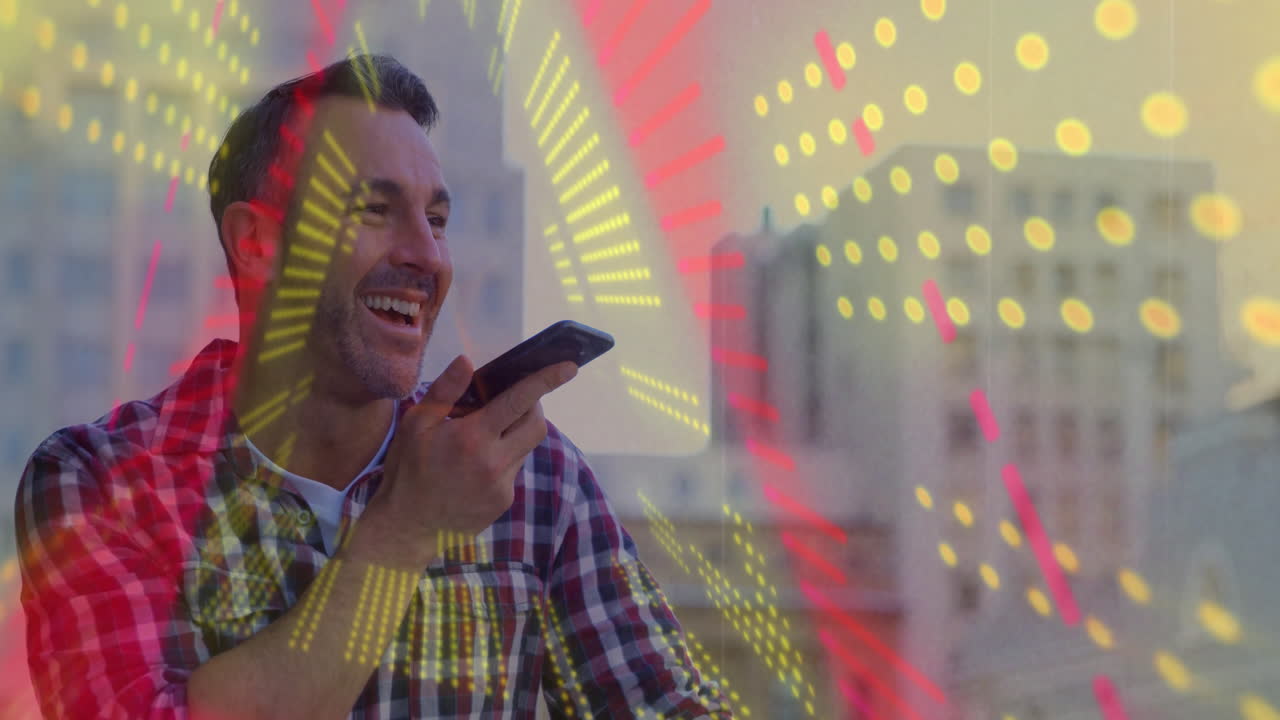 Laughing man talking on phone with colorful animation overlay in background