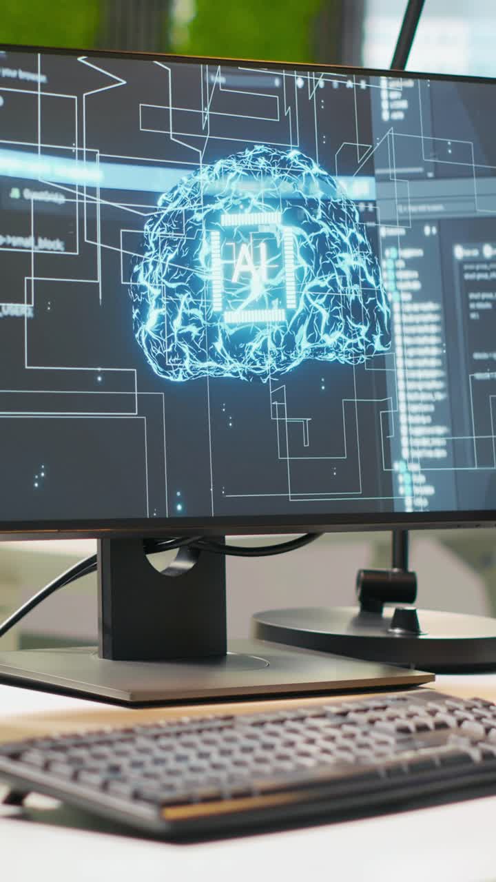 Vertical video Advanced AI algorithms running on computer monitors in empty startup
