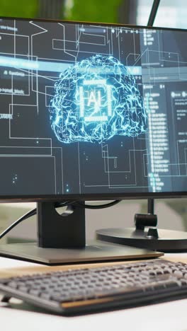 vertical video advanced ai algorithms running on computer monitors in empty startup