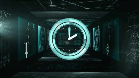 animation of a clock ticking and mathematical formulae floating on black walls